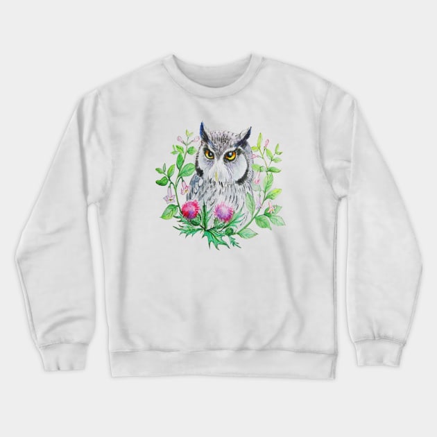 Owl and the Thristle flower Crewneck Sweatshirt by Redilion